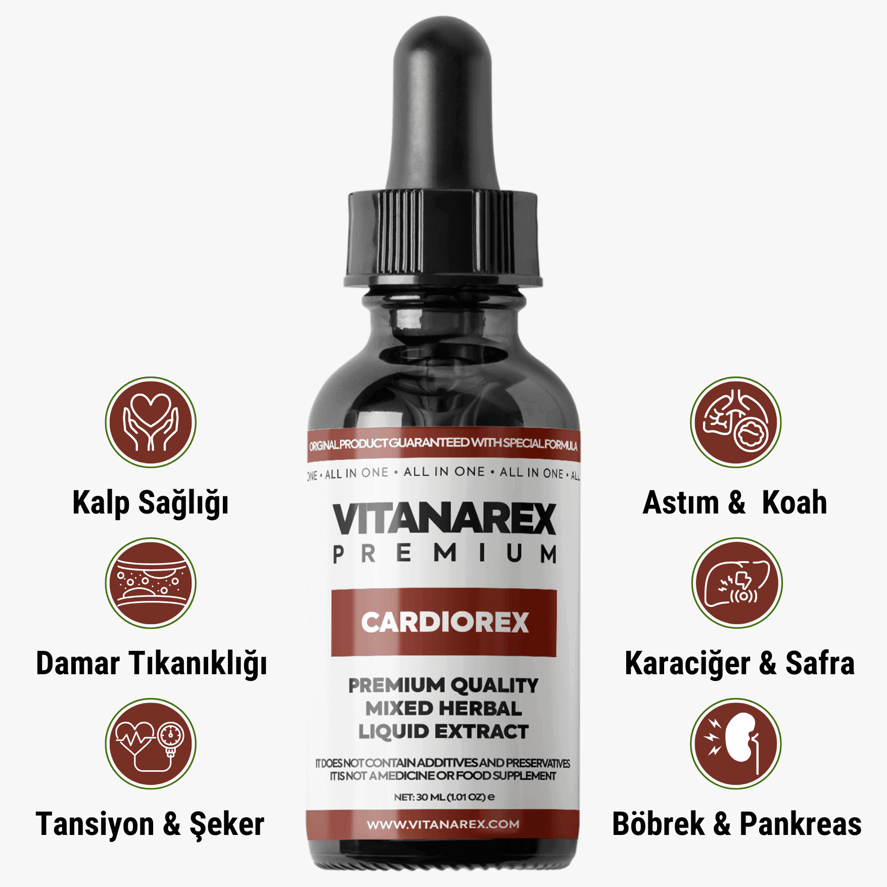 cardiorex-premium-1 <b>Vitanarex Premium Cardiorex Damla 30ML</b> </br></br>(Kalp,Damar,Koah, Karaciğer,Akciğer, Böbrek, Astım, Tansiyon, Şeker, Kolesterol) Tedavisi - Görsel 1